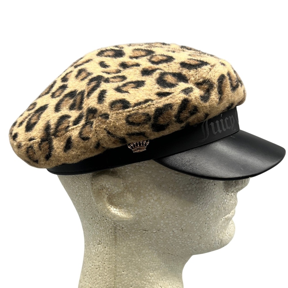Juicy Couture Fiddler Hat Women OS Leopard Print Faux Leather Brim Crown Detail